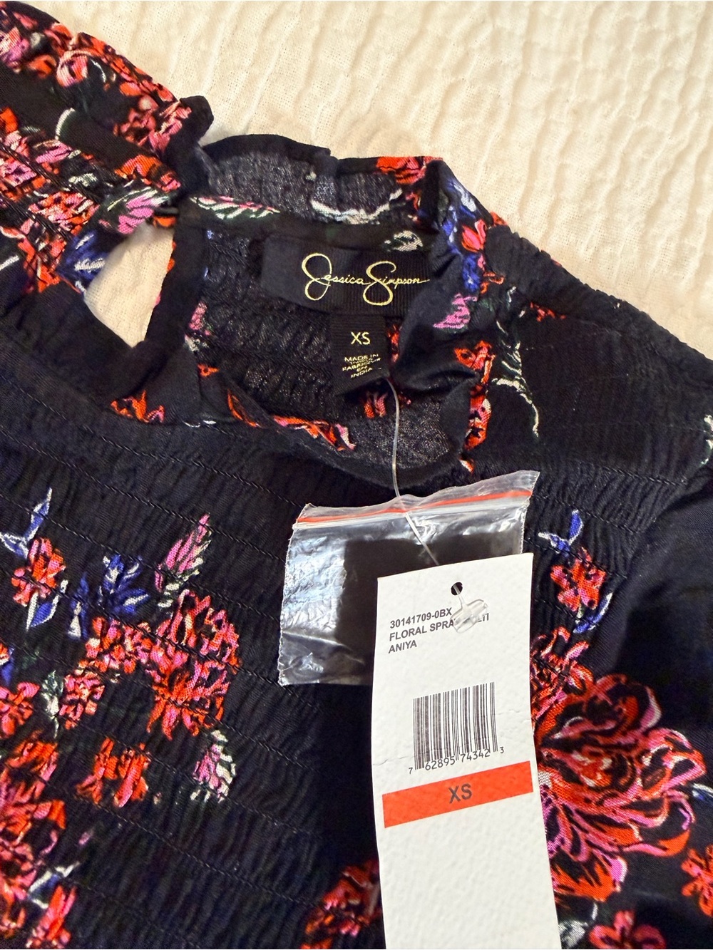 Jessica Simpson Black Floral Smocked Long-Sleeve Blouse - Picture 2 of 8